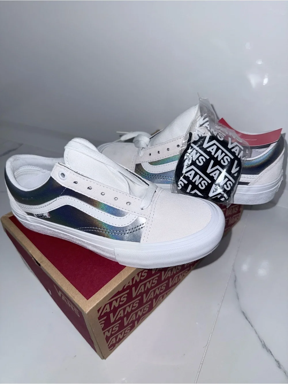 Vans White Low-Top Sneakers with Iridescent Side Stripe